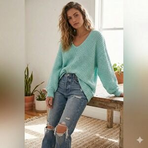 Free People Sunset Sweater Womens Medium Seasky Blue V-Neck Cotton Oversized